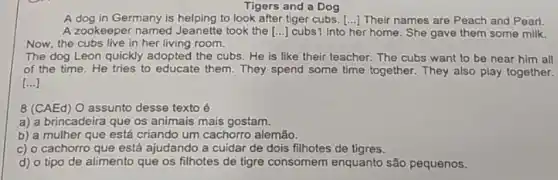 Tigers and a Dog
A dog in Germany is helping to look after tiger cubs. [...] Their names are Peach and Pearl.
A zookeeper named took the [...] cubs into her home. She gave them some milk.
Now, the cubs live in her living room.
The dog Leon quickly adopted the cubs. He is like their teacher.The cubs want to be near him all
of the time. He tries to educate them . They spend some time together. They also play together.
[ldots ]
8 (CAEd) O assunto desse texto é
a) a brincadeira que os animais mais gostam.
b) a mulher que está criando um cachorro alemão.
c) o cachorro que está ajudando a cuidar de dois filhotes de tigres.
d) o tipo de alimento que os filhotes de tigre consomem enquanto são pequenos.