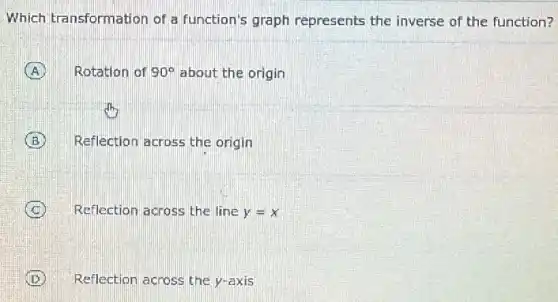 Which transformation of a function's graph represents the inverse of the function?
A Rotation of 90^circ  about the origin
B Reflection across the origin
C Reflection across the line y=x
(D) Reflection across the y-axis