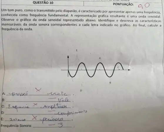 Um tom puro, como o transmitido pelo diapasão ,é caracterizado por apresentar apenas uma frequência,
conhecida como frequência fundamental. A representação gráfica resultante é uma onda senoidal
Observe o gráfico da onda senoidal representado abaixo. Identifique e descreva as caracteristicas
mensuráveis da onda sonora correspondentes a cada letra indicada no gráfico. Ao final, calcule a
frequência da onda.
A: __
D
B: __
C: __
D: __
E: __
Frequência Sonora:
__