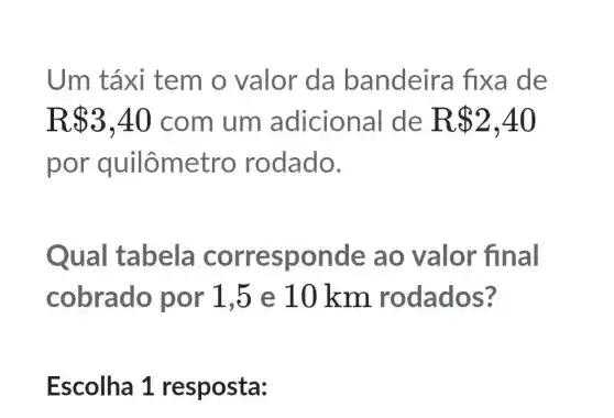 Um táxi tem o valor da bandeira fixa de
R 3,40 com um adicional de R 2,40
por quilômet o rodado.
Qual tabela corresponde ao valor final
cobrado por 1,5 e 10 km rodados?
Escolha 1 resposta: