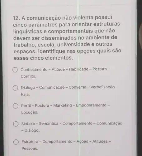 12. A comunicação não violenta possui
cinco parâmetros para orientar estruturas
linguísticas e comportamentais que não
devem ser dissemine dos no ambiente de
trabalho , escola , universidade e outros
espaços . Identifique nas opçōes quais são
esses cinco elementos.
Conhecimento -Atitude - Habilidade - Postura -
Conflito.
Diálogo - Comunicação -Conversa -Verbalização -
Fala.
Perfil - Postura - Marketing -Empoderamento -
Locução.
Sintaxe - Semântica - Comportamento -Comunicação
- Diálogo.
Estrutura -Comportamento -Ações - Atitudes -