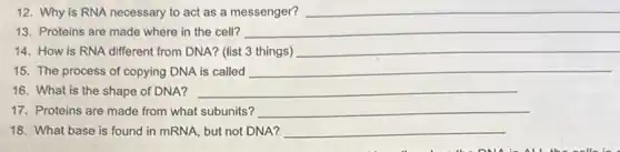 12. Why is RNA necessary to act as a messenger? __
13. Proteins are made where in the cell? __
14. How is RNA different from DNA? (list 3 things) __
15. The process of copying DNA is called __
16. What is the shape of DNA? __
17. Proteins are made from what subunits? __
18. What base is found in mRNA, but not DNA? __