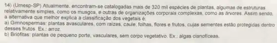 14) (Umesp -SP) Atualmente , encontram-se catalogadas mais de 320 mil espécies de plantas algumas de estruturas
relativamente simples como os musgos, e outras de organizações corporais complexas, como as árvores. Assim sendo.
a alternativa que melhor explica a classificação dos vegetais é:
a) Gimnospermas: plantas avasculares, com raizes caule, folhas, flores e frutos cujas sementes estǎc protegidas dentro
desses frutos. Ex.: arroz.
b) Briófitas: plantas de pequeno porte, vasculares , sem corpo vegetativo. Ex : algas cianofíceas.