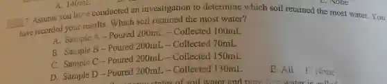 A. 140mL
7. Assume you hav?conducted an investigation to determine which soil retained the most water. You
__
have recorded your results. Which soil retained the most water?
A. Sample A-Poured 200mL -Collected 100mL
B. Sample B -Poured 200mL-Collected 70mL
C. Sample C - Poured 200mL -Collected 150mL
D. Sample D -Poured 200mL -Collected 130mL
E. Ail
F. None