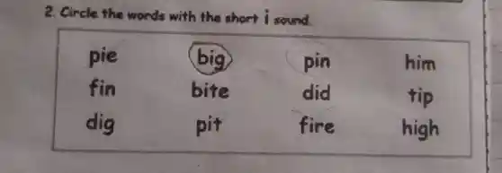 2. Circle the words with the short i sound.

 pie & big & pin & him 
fin & bite & did & tip 
dig & pit & fire & high