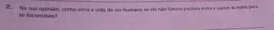 2. Na sua opinião,como seria a vida do ser humano se ele não tivesse postura ereta e usasse as mãos para
se locomover?