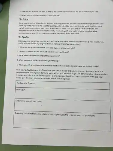 2. How will you organize the data to display the known information and the measurements you take?
3. What types of calculations will you need to make?
The Claim:
Once your group has finished collecting and analyzing your data, you will need to develop your claim. Your
claim is just the answer to the essential question determined by your experimental work. You then must
include evidence to support your claim. The evidence comes from your analysis of the data and your
interpretation of what the data means. Finally, you must justify your claim by using a mathematical
relationship and scientific principle to come to a conclusion about your claim.
The Results:
When you have completed your lab work and made your claim, you will need to write up your results. Your
results must be written in paragraph form and answer the following questions:
1. What was the essential question you were trying to answer and why?
2. What procedures did you follow to conduct your experiment?
3. What were the overall findings of the experiment?
4. What supporting evidence confirms your findings?
5. What scientific principles or mathematical relationship validates the claim you are trying to make?
Your results should answer all of the above questions in a clear and concise manner. Be sure to write in a
persuasive style, making your claim and backing it up with evidence so you can convince others that your claim
is correct and valid.Use the following chart to organize your thoughts as a group prior to writing up your
results (put this chart on your white board and fill it in as a group).
square  complete
square 
square 
square