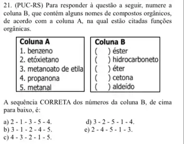 21. (PUC-RS) Para responder à questão a seguir.numere a
coluna B, que contém alguns nomes de compostos organicos,
de acordo com a coluna A, na qual estão citadas funções
orgânicas.
Coluna A
() éster
() hidrocarboneto
() éter
() cetona
() aldeído
A sequência CORRETA dos números da coluna B de cima
para baixo, é:
a) 2 - 1 -3 -5 - 4.
d) 3-2-5-1-4
b) 3 - 1 -2-4-5.
e) 2 -4 - 5 -1-3.
c) 4-3 -2-1-5.