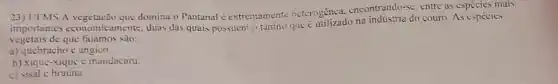 23) UFMS A vegetação que domina o Pantanal é extremamente heterogénca encontrando-se, entre as espécies mais
importantes economicamente. duas das quais possuent o tanino que
acute (hat (e))
utilizado na indústria do couro. As especies
vegetais de que falamos são:
a) quebracho cangico.
b) xique-xique e mandacaru.
c) sisal e braúna