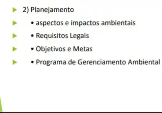 2)Planejamento
- aspectos e impactos ambientais
Requisitos Legais
Objetivos e Metas
Programa de Gerenciamento Ambiental