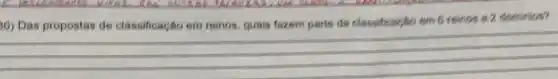 30)
Das propostas de classificação em reinos quais fazem parte ds classificaç,to em 6 reined e 2 dominios?
__