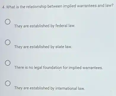 4. What is the relationship between implied warrantees and law?
They are established by federal law.
They are established by state law.
There is no legal foundation for implied warrantees.
They are established by international law.