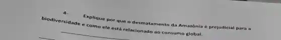 4.
Explique por que o desmat mento da Amazônia é prejudicial para a
biodiversidade e como ele está relacionado ao consumo global.