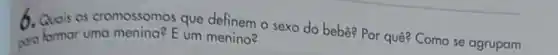 6. Quais os cromossomos que definem o sexo do bebê? Por quê? Como se agrupam
para formar uma menina? E um menino?