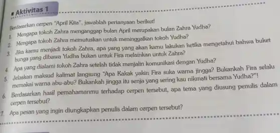 Aktivitas 1
Berdasarkan cerpen "Apri Kita", jawablah pertanyaan berikut!
tokoh Zahra menganggap bulan April merupakan bulan Zahra Yudha?
2. Mengapa tokoh Zahra memutuskan untuk meninggalkan tokoh Yudha?
3 Jika kamu menjadi tokoh Zahra, apa yang yang akan kamu lakukan ketika mengetahui bahwa buket
bunga yang dibawa Yudha bukan untuk Fira melainkan untuk Zahra?
4. Apa yang dialami tokoh Zahra setelah tidak menjalin komunikasi dengan Yudha?
5 Jelaskan maksud kalimat langsung "Apa Kakak yakin Fira suka warna jingga?Bukankah Fira selalu
memakai warna abu-abu? Bukankah jingga itu senja yang sering kau nikmati bersama Yudha?"!
6. Berdasarkan hasil pemahamanmu terhadap cerpen tersebut, apa tema yang diusung penulis dalam
cerpen tersebut?
7. Apa pesan yang ingin diungkapkan penulis dalam cerpen tersebut?