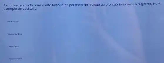 A análise realizada após a alta hospitalar, por meio da revisão do prontuário e demais registros, é um
exemplo de auditoria
recorrento
retrospectivo
descritivo.
operacional