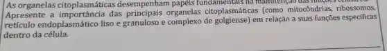 Apresente a import ânci:a das prin cipais organelas citoplasmáticas (como r nitocôndrias, ribossomos.
olexo de go Igiense) em rela cão a sua S funçoes especificas
dentro da célula.