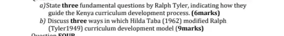 a)State three fundamental questions by Ralph Tyler indicating how they
guide the Kenya curriculum development process. (6marks)
b) Discuss three ways in which Hilda Taba (1962) modified Ralph
(Tyler1949) curriculum development model (9marks)
Question