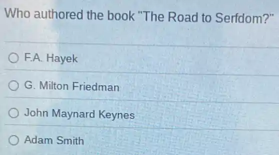 Who authored the book "The Road to Serfdom?"
F.A. Hayek
G. Milton Friedman
John Maynard Keynes
Adam Smith