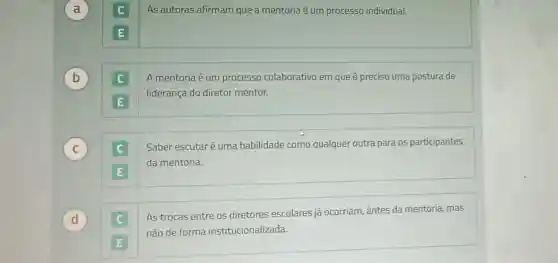 As autoras afirmam que a mentoria é um processo individual.
b
C A mentoria é um processo colaborativo em que é preciso uma postura de
E
liderança do diretor mentor.
C
C
Saber escutaré uma habilidade como qualquer outra para os participantes
da mentoria.
E
d
As trocas entre os diretores escolares já ocorriam, antes da mentoria, mas
não de forma institucionalizada.