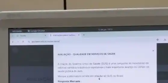 AVALIAção - QUALIDADE EM SERVICOS DE SAUDE
A criação do Sistema Unico de Saude (SUS) é uma conquista do movimento da
reforma sanitária brasileira e representa o mais importante avanço no campo da
saúde pública do pais.
Marque a alternativa correta em relação ao SUS no Brasil.
Resposta Marcada :