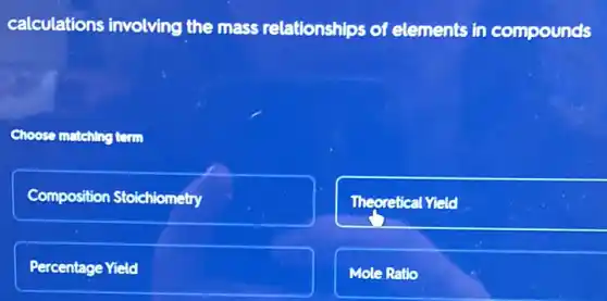 calculations involving the mass relationships of elements in compounds
matching term
Composition Stoichiometry
Theoretical Yield
Percentage Yield
Mole Ratio