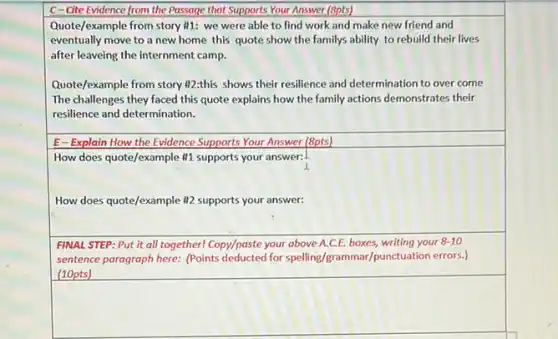 C-Cite Evidence from the Passage that Supports Your Answer (Bpts)
Quote/example from story #1:we were able to find work and make new friend and
eventually move to a new home this quote show the familys ability to rebuild their lives
after leaveing the internment camp.
Quote/example from story #2:this shows their resilience and determination to over come
The challenges they faced this quote explains how the family actions demonstrates their
resilience and determination.
E-Explain How the Evidence Supports Your Answer (8pts)
How does quote/example #1 supports your answer:
I
How does quote/example #2 supports your answer:
FINAL STEP: Put it all together! Copy/paste your above A.C.E. boxes, writing your B-10
sentence paragraph here: (Points deducted for spelling/grammar/punctuation errors.)
(10pts)
square