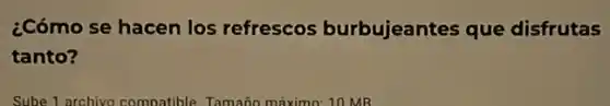 ¿Cómo se hacen los refrescos burbujeantes que disfrutas
tanto?
Sube 1 archivo compatible Tamaño máximo: 10 MB