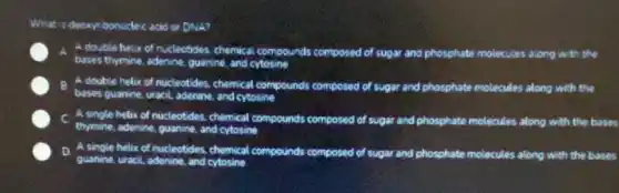 What is deoxyr bonuclec acid or DNA?
A Adouble heix of nucleotboles, chemical compounds composed of sugar and phosphate molecules along with the
bases thymine, adenine, guanine and cytosine
B. A double helix of nucleotides, chemical compounds composed of sugar and phosphate molecules along with the
bases quanine, uracil adenine and cytosine
C A single helix of nucleotides, chemical compounds composed of sugar and phosphate molecules along with the bases
thymine, adenine, guanine, and cytosine
D. A single helix of nucleotides, chemical compounds composed of sugar and phosphate molecules along with the bases