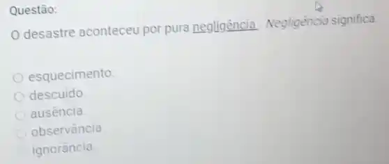 desastre aconteceu por pura negligència Negligència significa.
esquecimento.
descuido
ausencia.
observância
ignorância