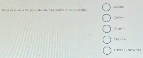 What element is the most abundant in Earth's crust by weight?
Sodium
Carbon
Oxygen
Chlorine
IDON'T KNOWYET