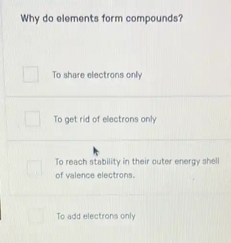 Why do elements form compounds?
To share electrons only
To get rid of electrons only
To reach stability in their outer energy shell
of valence electrons.
To add electrons only