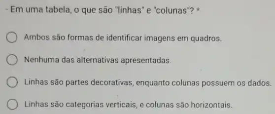 - Em uma tabela, o que são "linhas" e "colunas"?
Ambos são formas de identificar imagens em quadros.
Nenhuma das alternativas apresentadas.
Linhas são partes decorativas enquanto colunas possuem os dados.
Linhas são categorias verticais, e colunas são horizontais.