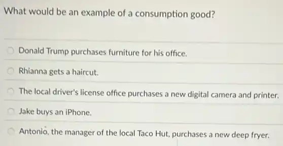 What would be an example of a consumption good?
Donald Trump purchases furniture for his office.
Rhianna gets a haircut.
The local driver's license office purchases a new digital camera and printer.
Jake buys an iPhone.
Antonio, the manager of the local Taco Hut purchases a new deep fryer.