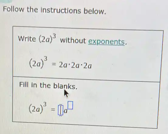 Follow the instructions below.
Write (2a)^3
without exponents.
(2a)^3=2acdot 2acdot 2a
Fill in the blanks.
(2a)^3= square 
square