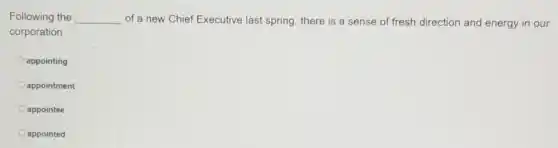 Following the __ of a new Chief Executive last spring, there is a sense of fresh direction and energy in our
corporation
appointing
appointment
appointee
appointed