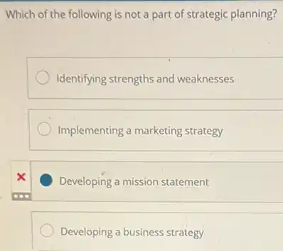 Which of the following is not a part of strategic planning?
Identifying strengths and weaknesses
Implementing a marketing strategy
Developing a mission statement
Developing a business strategy