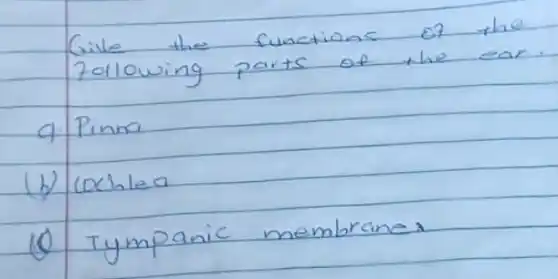 Give the functions of the following parts of the ear.
9. Pinna
(b) cochlea
(1) Tympanic membranes