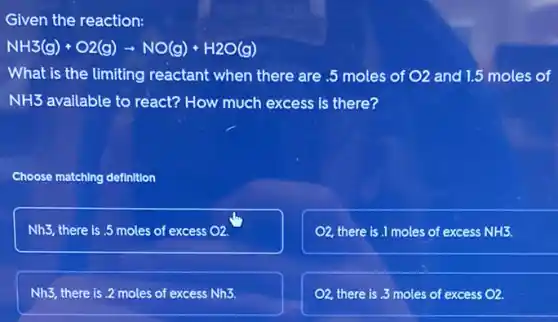 Given the reaction:
NH3(g)+O2(g)arrow NO(g)+H2O(g)
What is the limiting reactant when there are .5 moles of O2 and 1.5 moles of
NH3 available to react? How much excess is there?
Choose matching definition
Nh3, there is .5 moles of excess O2.
O2, there is .moles of excess NH3.
Nh3 there is 2 moles of excess Nh3.
O2, there is 3 moles of excess O2.