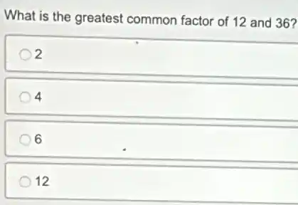 What is the greatest common factor of 12 and 36?
2
4
6
12