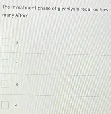 The investment phase of glycolysis requires how
many ATPs?
2
1
6
4