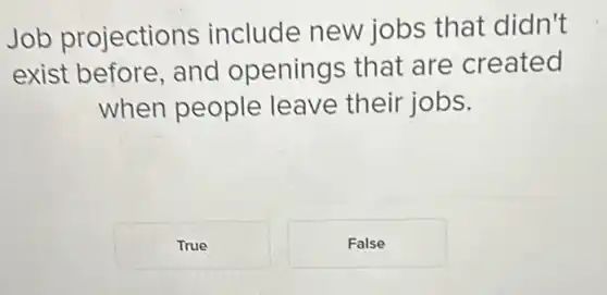 Job projections include new jobs that didn't
exist before , and openings that are created
when people leave their jobs.
True
False