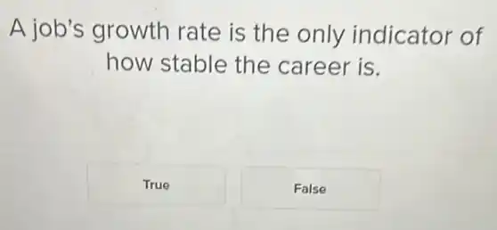 A job's growth rate is the only indicator of
how stable the career is.
True
False