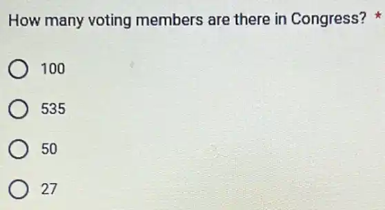 How many voting members are there in Congress?
100
535
50
27