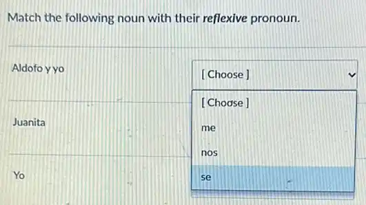 Match the following noun with their reflexive pronoun.
Aldofo y yo
square 
[Choose]
[Choose]
me
nos
Juanita
Yo