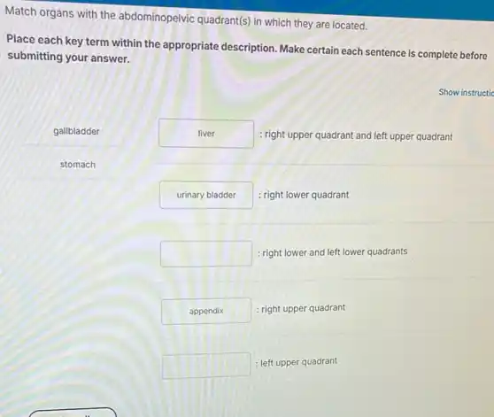 Match organs with the abdominopelvic quadrant(s) in which they are located.
Place each key term within the appropriate description. Make certain each sentence is complete before
submitting your answer.
Show instructic
stomach
gallbladder
liver	: right upper quadrant and left upper quadrant
urinary bladder : right lower quadrant
square  : right lower and left lower quadrants
appendix	: right upper quadrant
square  : left upper quadrant