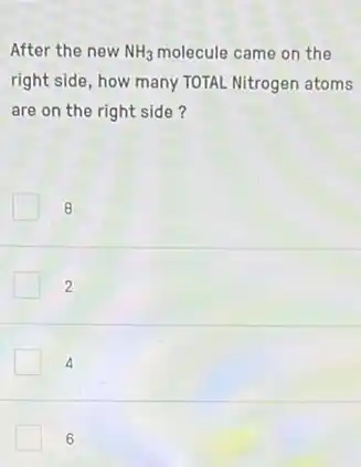 After the new NH_(3) molecule came on the
right side, how many TOTAL Nitrogen atoms
are on the right side?
8
2
4
6