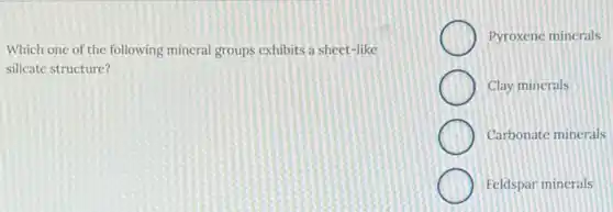 Which one of the following mineral groups exhibits a sheet-like
silicate structure?
Pyroxene minerals
Clay minerals
Carbonate minerals
Feldspar minerals