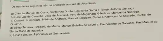 Os escritores seguintes são os principais autores do Arcadismo:
a) Cláudio Manuel da Costa, Santa Rita Durão Basilio da Gama e Tomás Antônio Gonzaga.
b) Pero Vaz de Caminha, José de Anchieta Pero de Magalhães Gândavo, Manuel da Nóbrega.
c) Oswald de Andrade Mário de Andrade, Manuel Bandeira, Carlos Drummond de Andrade Rachel de
Queiroz.
d) Bento Teixeira, Gregório de Matos, Manuel Botelho de Oliveira, Frei Vicente de Salvador, Frei Manuel da
Santa Maria de Itaparica.
e) Cruze Souza Alphonsus de Guimaraens.