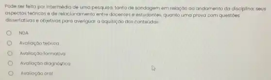 Pode ser feita por intermédio de uma pesquisa, tanto de sondagem em relação ao andamento da disciplina seus
aspectos teóricos e de relacionamento entre docentes e estudantes quanto uma prova com questoes
dissertativas e objetivas para averiguar a aquisição dos conteúdos
NDA
Avaliação teórica
Avaliaçáo formativa
Avaliação diagnóstica
Avaliaçáo oral